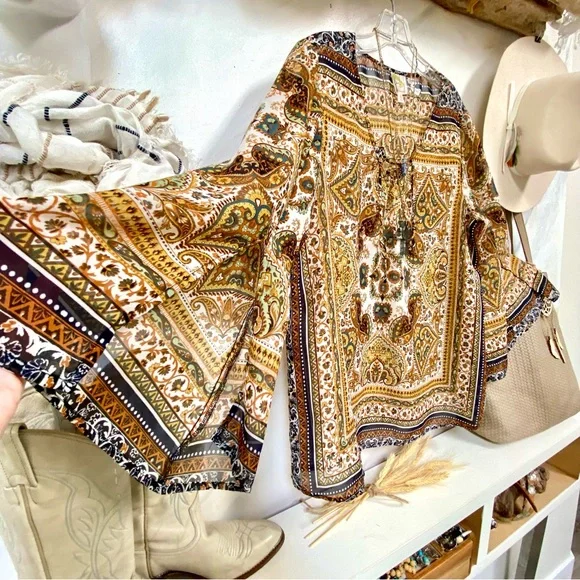 Anthropologie Fig & Flower boho blouse Gypsy southwestern vibe w bell sleeves - Picture 8 of 14